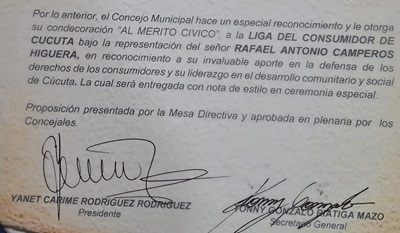 Mérito Cívico a la Liga de Consumidores de Cúcuta y Día Mundial de los consumidore de B&S