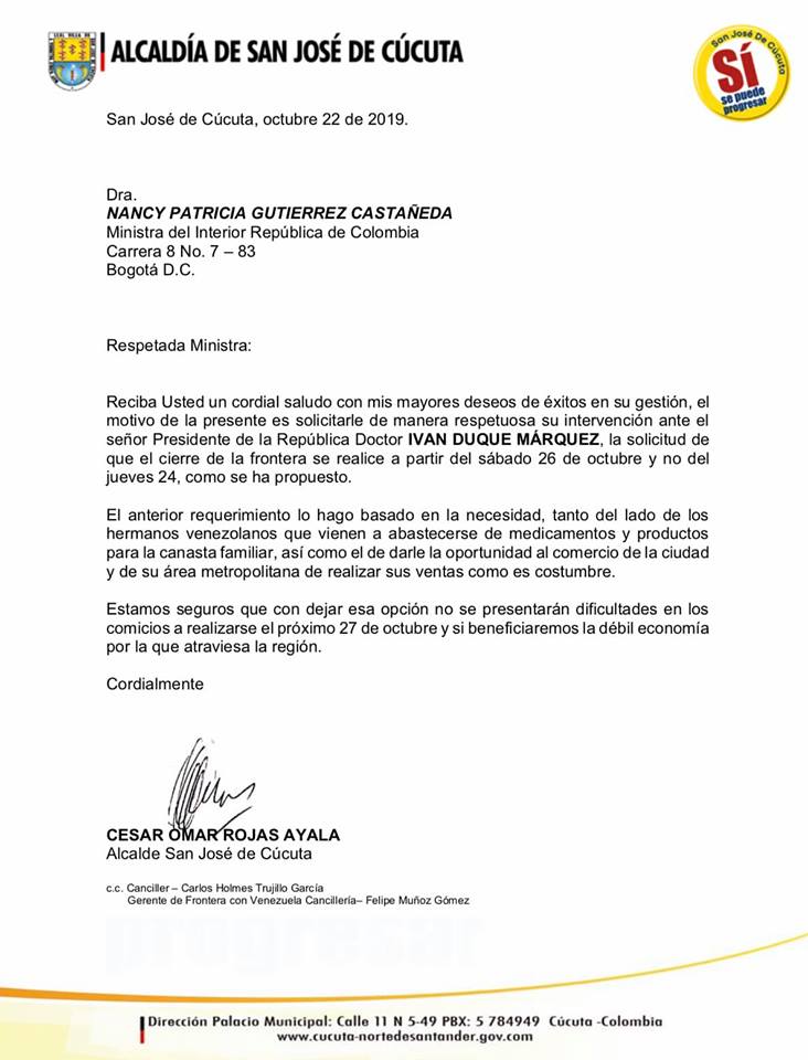 Modificar fecha de cierre de frontera solicita alcalde de Cúcuta a gobierno nacional 221019SolicitanModificarCierreFronteraElecciones
