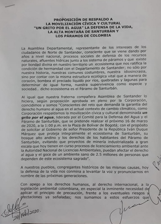 Asamblea Norte de Santander respaldó en pleno proposición pro páramo Santurbán 020320ProposicionGritogua1