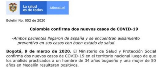 Confirmados dos nuevos casos de Covid19 en Colombia 090320Coronavirus2mas