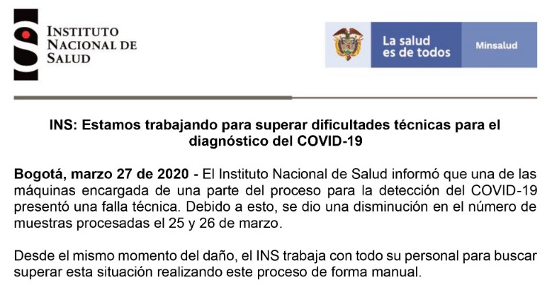 Dañada una máquina para analizar pruebas de Coronavirus en Colombia 270320INSmaqdanadaRed