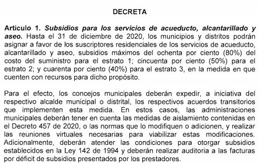 Alivios especiales en servicios públicos y arriendos en Colombia por el Covid19 170420Dcto580SubsidioAAA