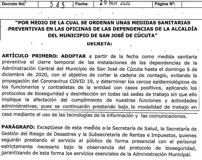Alerta roja en Ucis de Cúcuta y cierre temporal en alcaldía 261120cierreTemporalOfAlcuc261120a061220