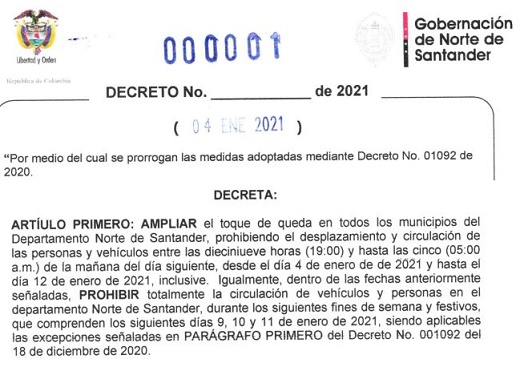 Ampliada prohibición de circular del 9 al 11 de enero y toque de queda en Norte de Santander 050121dcto0001Gobernorte