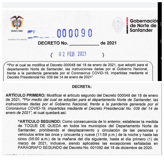 Prorrogan durante febrero pero reducen horario del toque de queda en Norte de Santander 030221dcto090toquedaNdS