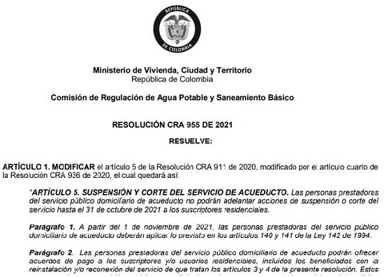Suspensiones a usuarios morosos de acueducto en Colombia Res955cra